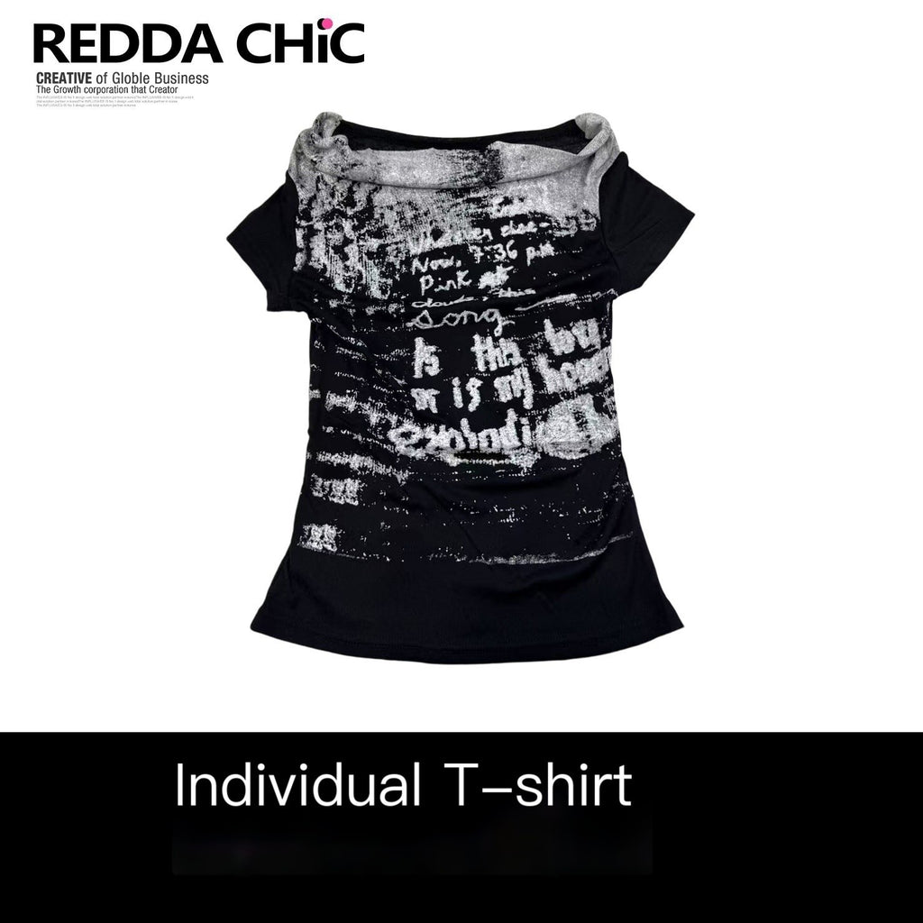 REDDACHIC_Black_Gothic_Letter_Print_Asymmetrical_Bardot_Women'S_Mesh_Short_Sleeve_T-Shirts_MISSTT