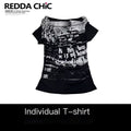 REDDACHIC_Black_Gothic_Letter_Print_Asymmetrical_Bardot_Women'S_Mesh_Short_Sleeve_T-Shirts_MISSTT