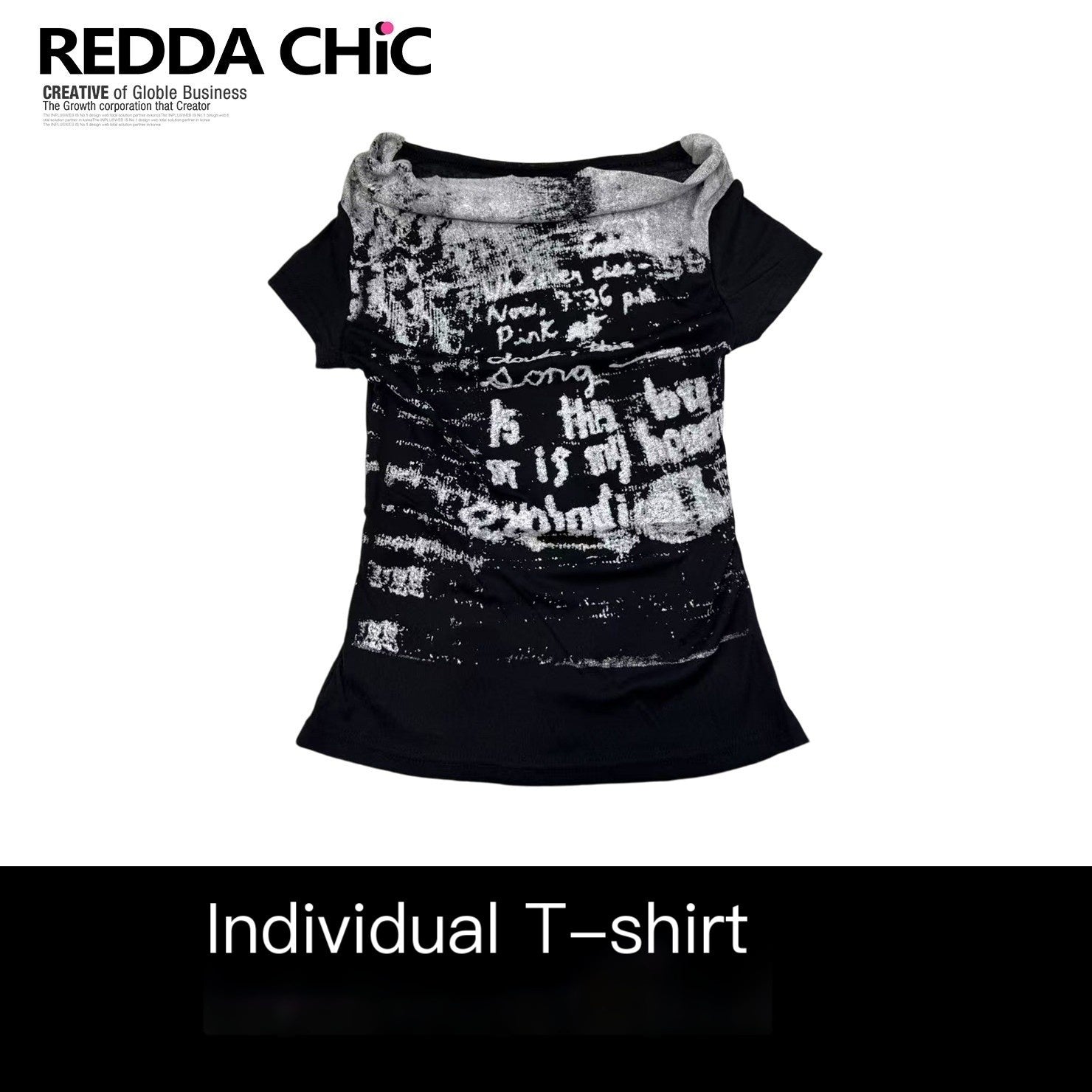 REDDACHIC_Black_Gothic_Letter_Print_Asymmetrical_Bardot_Women'S_Mesh_Short_Sleeve_T-Shirts_MISSTT