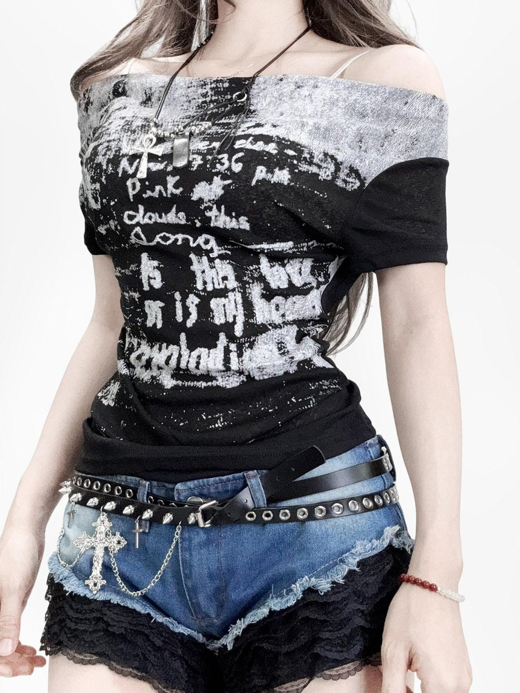 REDDACHIC Black Gothic Letter Print Asymmetrical Bardot Women'S Mesh Short Sleeve T-Shirts