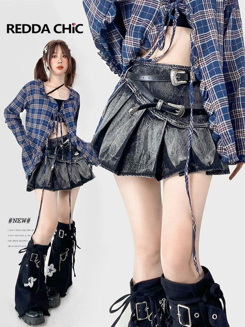 REDDACHIC Black Gothic Tie Dye Pleated Women'S Black Denim Mini Skirts