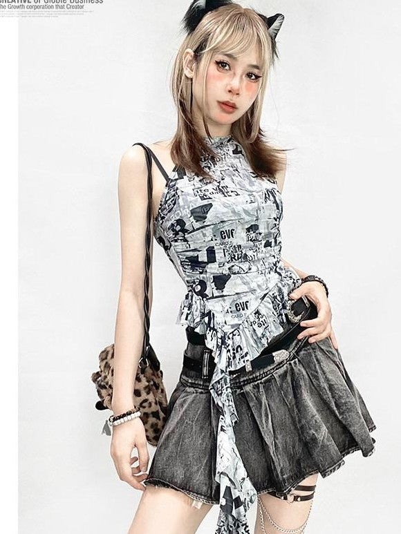 REDDACHIC Black Gothic Tie Dye Pleated Women'S Black Denim Mini Skirts