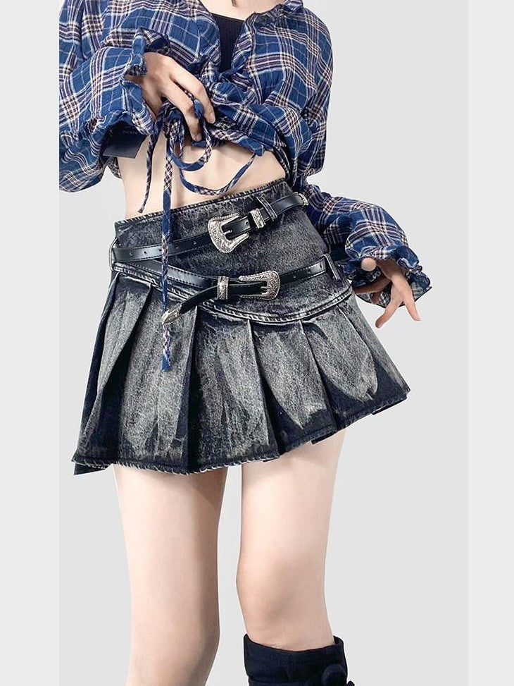 REDDACHIC Black Gothic Tie Dye Pleated Women'S Black Denim Mini Skirts