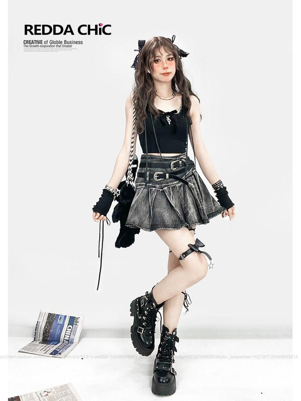 REDDACHIC Black Gothic Tie Dye Pleated Women'S Black Denim Mini Skirts