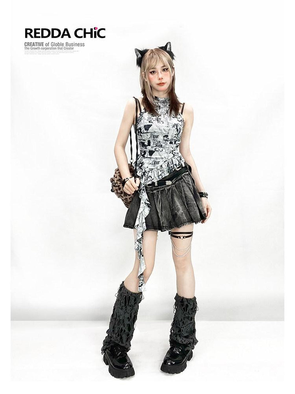REDDACHIC Black Gothic Tie Dye Pleated Women'S Black Denim Mini Skirts