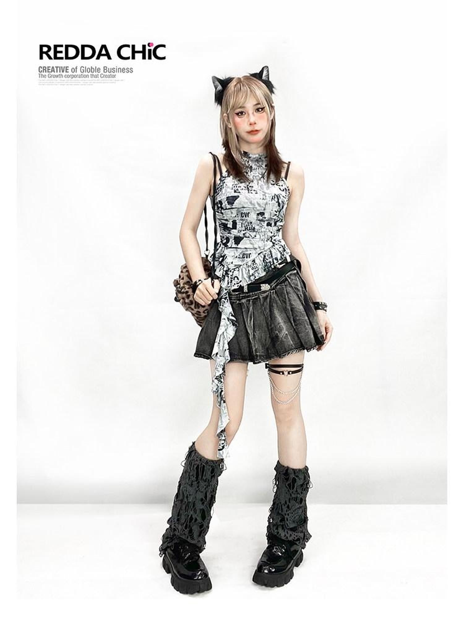 REDDACHIC Black Gothic Tie Dye Pleated Women'S Black Denim Mini Skirts