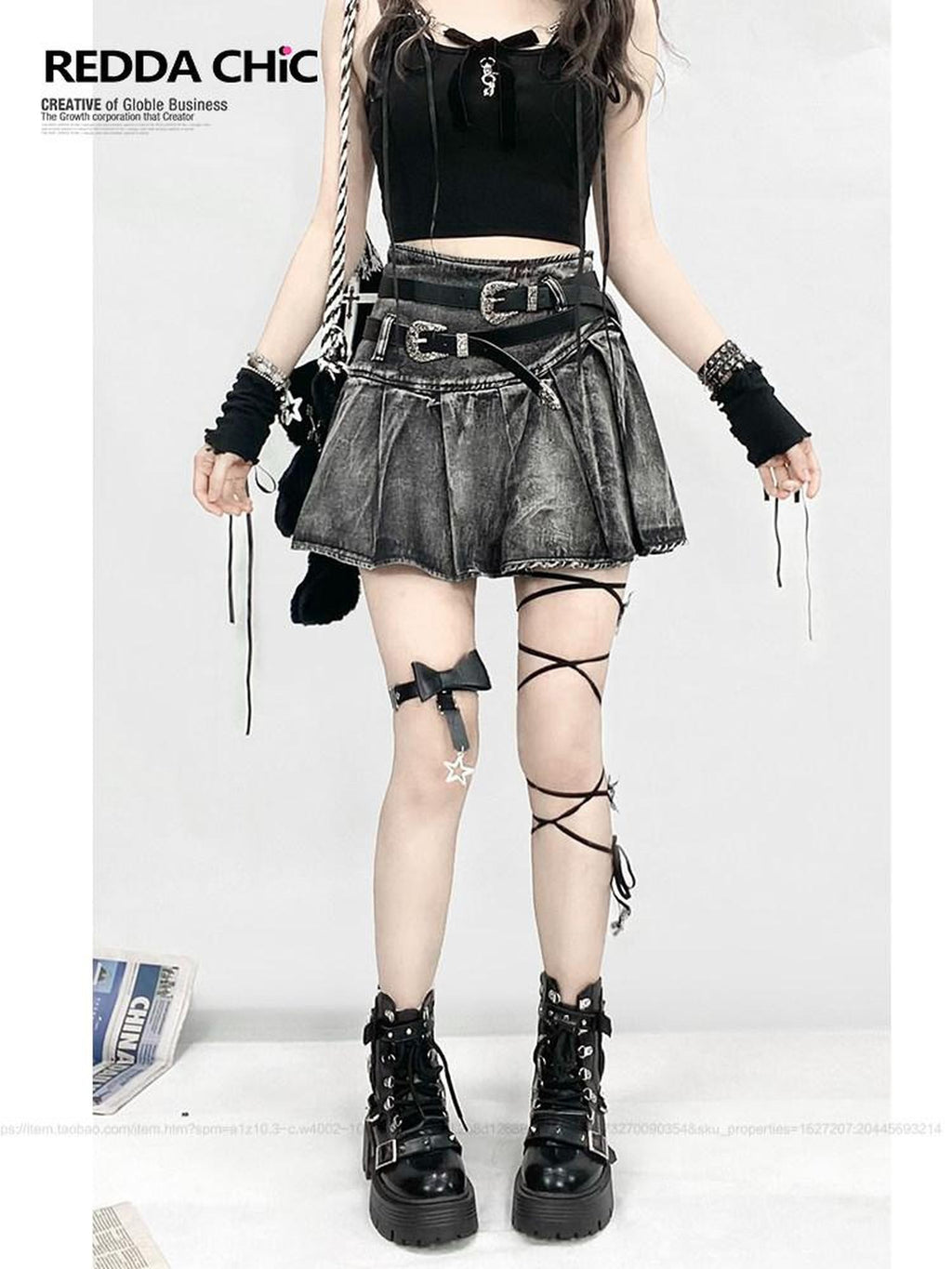 REDDACHIC Black Gothic Tie Dye Pleated Women'S Black Denim Mini Skirts
