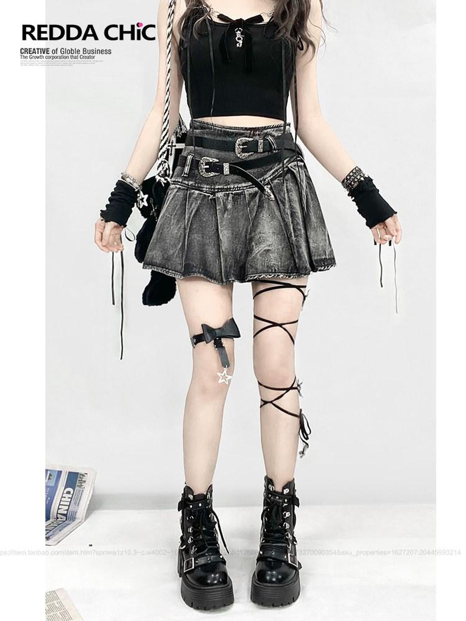 REDDACHIC Black Gothic Tie Dye Pleated Women'S Black Denim Mini Skirts