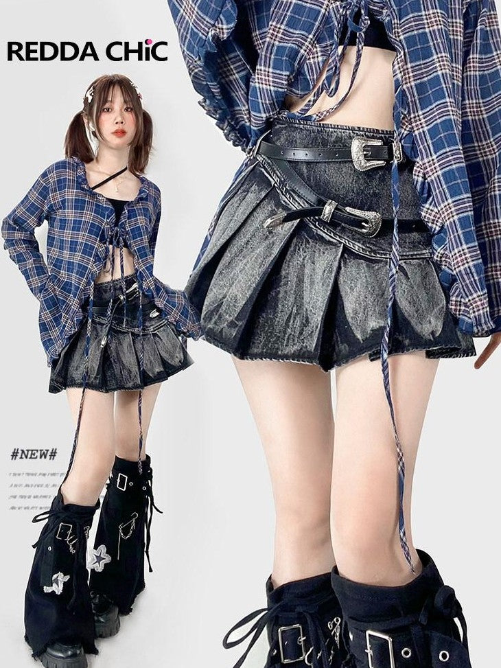 REDDACHIC Black Gothic Tie Dye Pleated Women'S Black Denim Mini Skirts