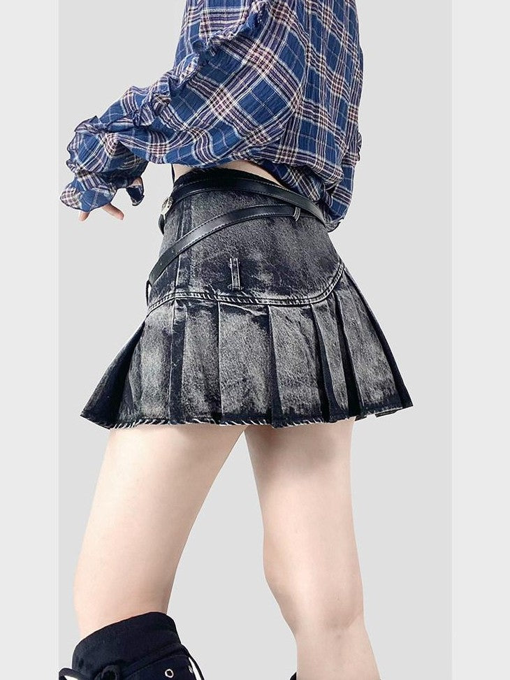 REDDACHIC Black Gothic Tie Dye Pleated Women'S Black Denim Mini Skirts