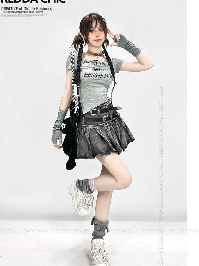 REDDACHIC Black Gothic Tie Dye Pleated Women'S Black Denim Mini Skirts