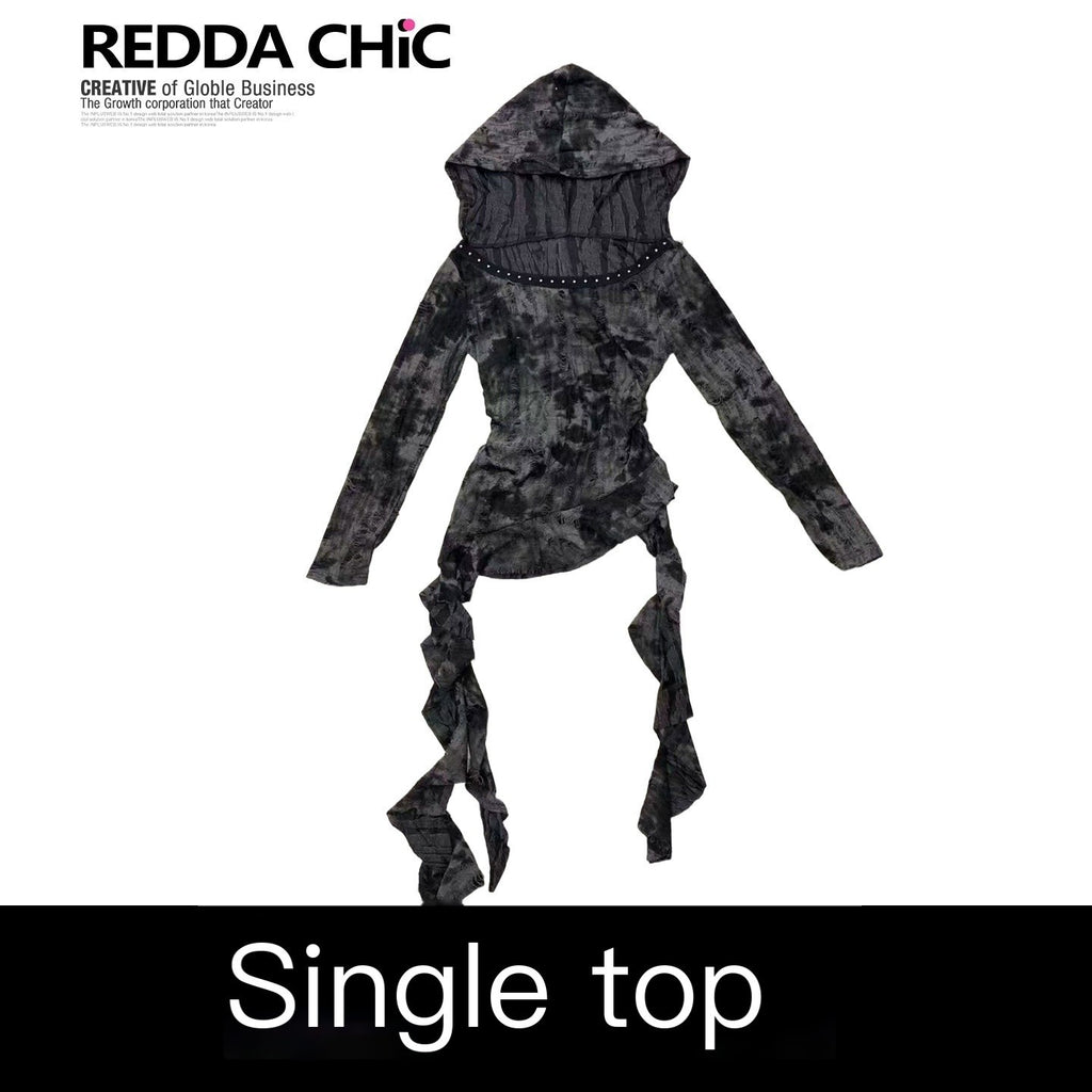 REDDACHIC_Black_Gray_Distressed_Hooded_Long_Sleeve_Tassel_Ruffle_Slim_Women'S_Mini_Dresses_MISSTT
