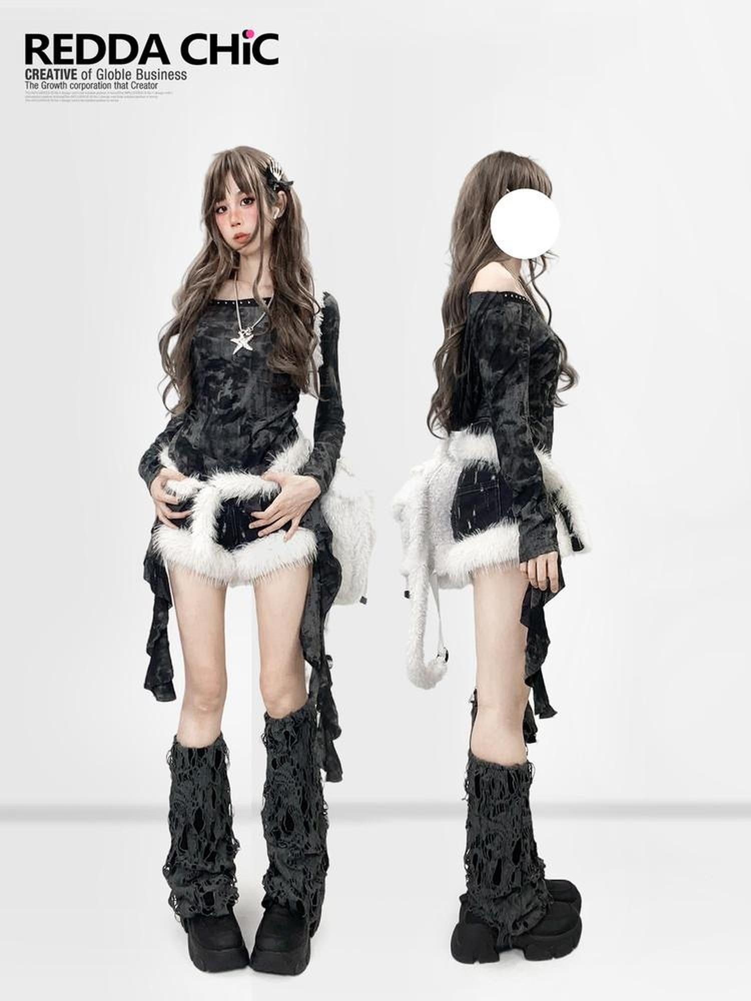 REDDACHIC Black Gray Distressed Hooded Long Sleeve Tassel Ruffle Slim Women'S Mini Dresses