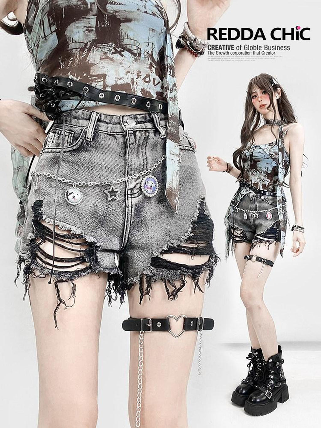 REDDACHIC Black Gray Distressed Wide Leg High Waist Women'S Denim Shorts