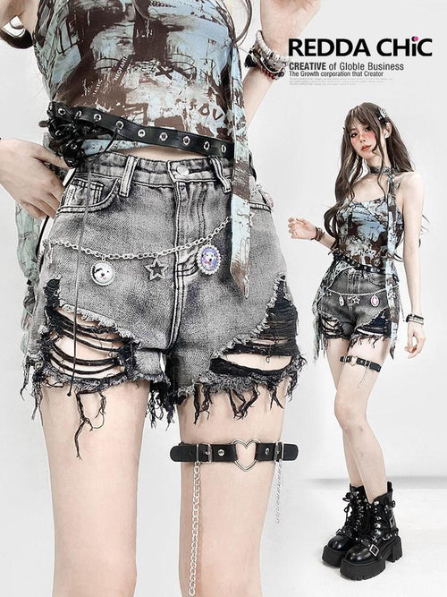 REDDACHIC Black Gray Distressed Wide Leg High Waist Women'S Denim Shorts