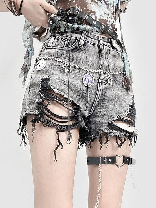REDDACHIC Black Gray Distressed Wide Leg High Waist Women'S Denim Shorts