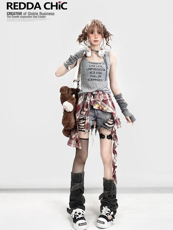 REDDACHIC Black Gray Distressed Wide Leg High Waist Women'S Denim Shorts