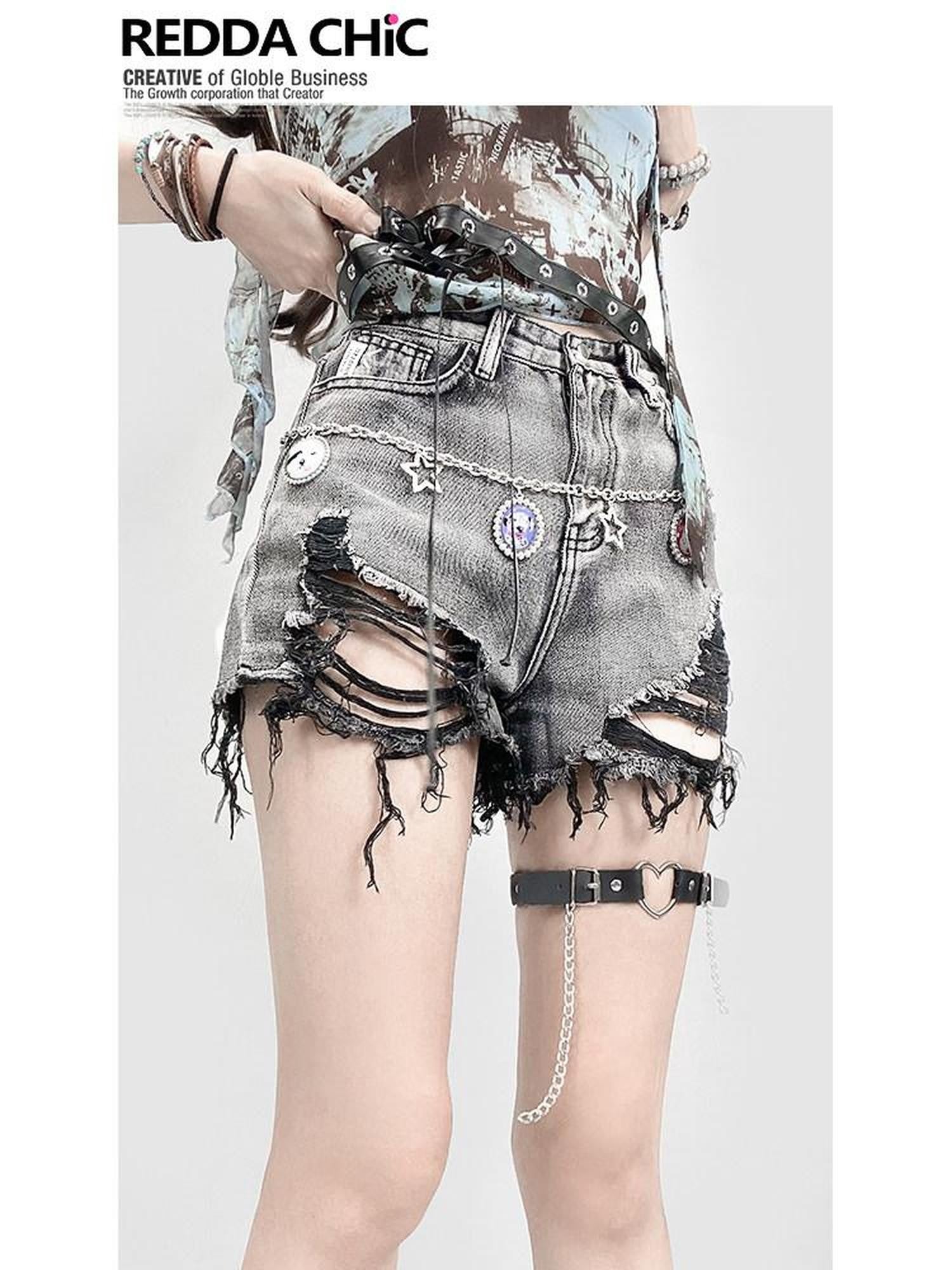 REDDACHIC Black Gray Distressed Wide Leg High Waist Women'S Denim Shorts