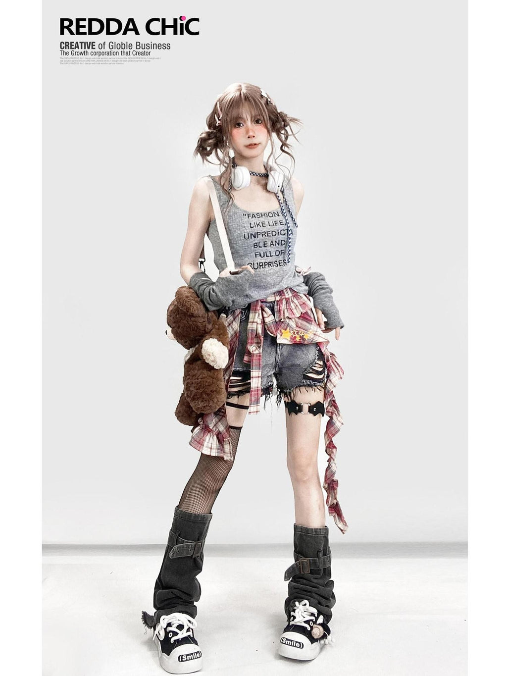 REDDACHIC Black Gray Distressed Wide Leg High Waist Women'S Denim Shorts