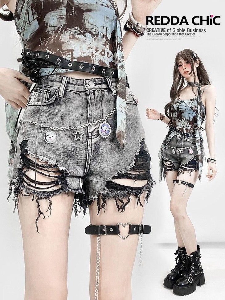 REDDACHIC Black Gray Distressed Wide Leg High Waist Women'S Denim Shorts