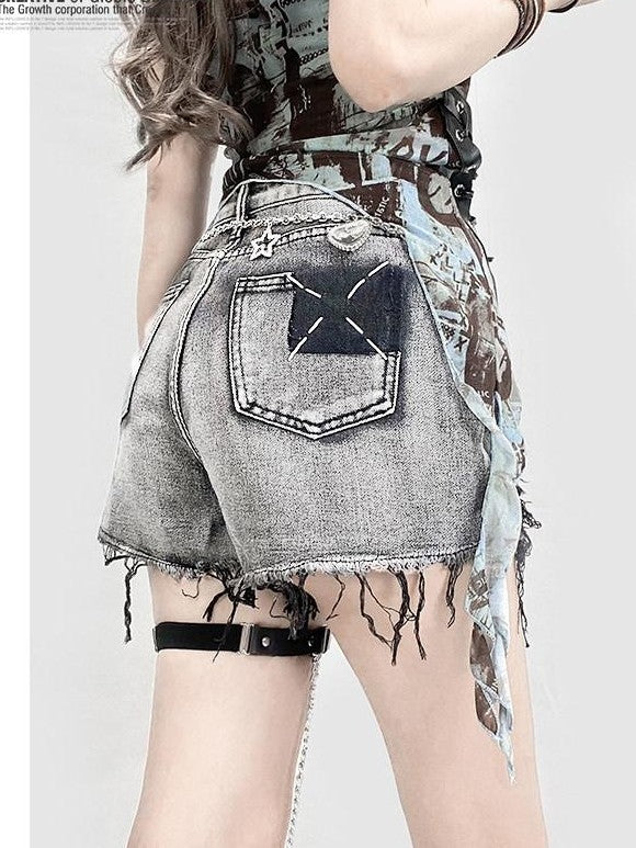 REDDACHIC Black Gray Distressed Wide Leg High Waist Women'S Denim Shorts