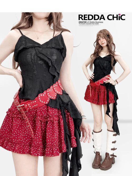 REDDACHIC Black Irregular Ruffle V-neck Distressed Slim Cropped Women'S Knit Camisoles