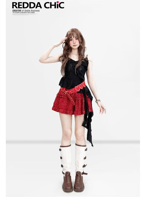 REDDACHIC Black Irregular Ruffle V-neck Distressed Slim Cropped Women'S Knit Camisoles