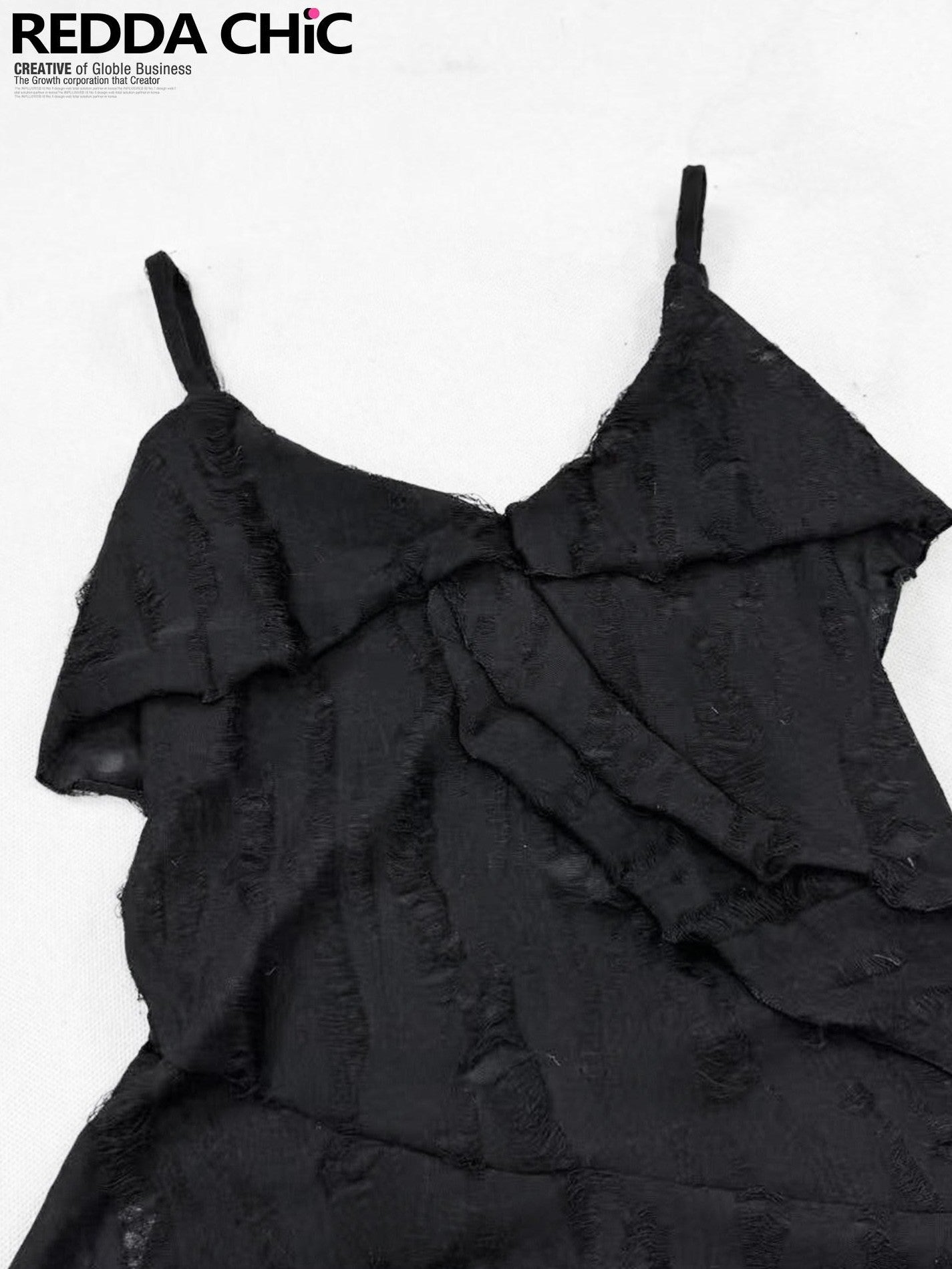 REDDACHIC Black Irregular Ruffle V-neck Distressed Slim Cropped Women'S Knit Camisoles