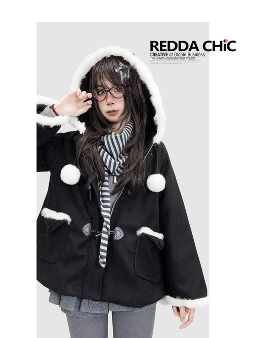 REDDACHIC Black Kawaii Lolita Hooded Faux Fur Patchwork Cape Loose Women'S Hoodies