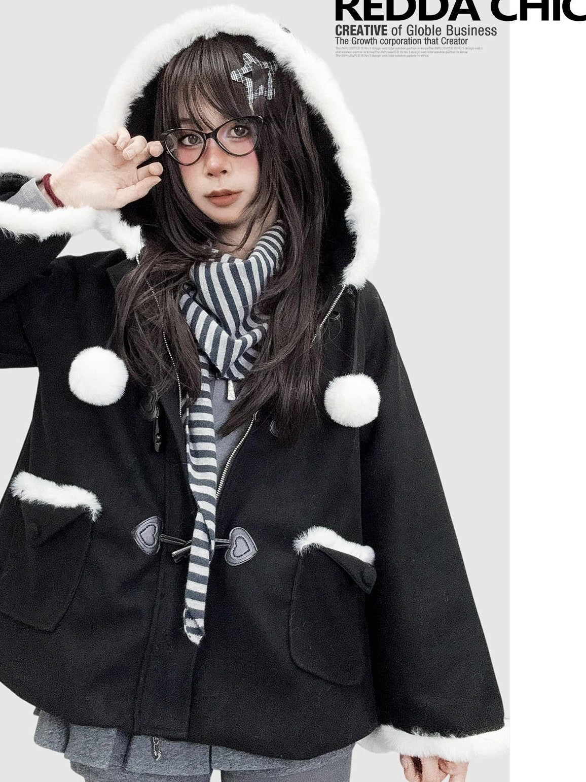 REDDACHIC Black Kawaii Lolita Hooded Faux Fur Patchwork Cape Loose Women'S Hoodies