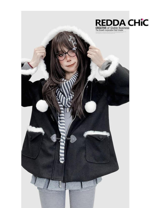 REDDACHIC Black Kawaii Lolita Hooded Faux Fur Patchwork Cape Loose Women'S Hoodies