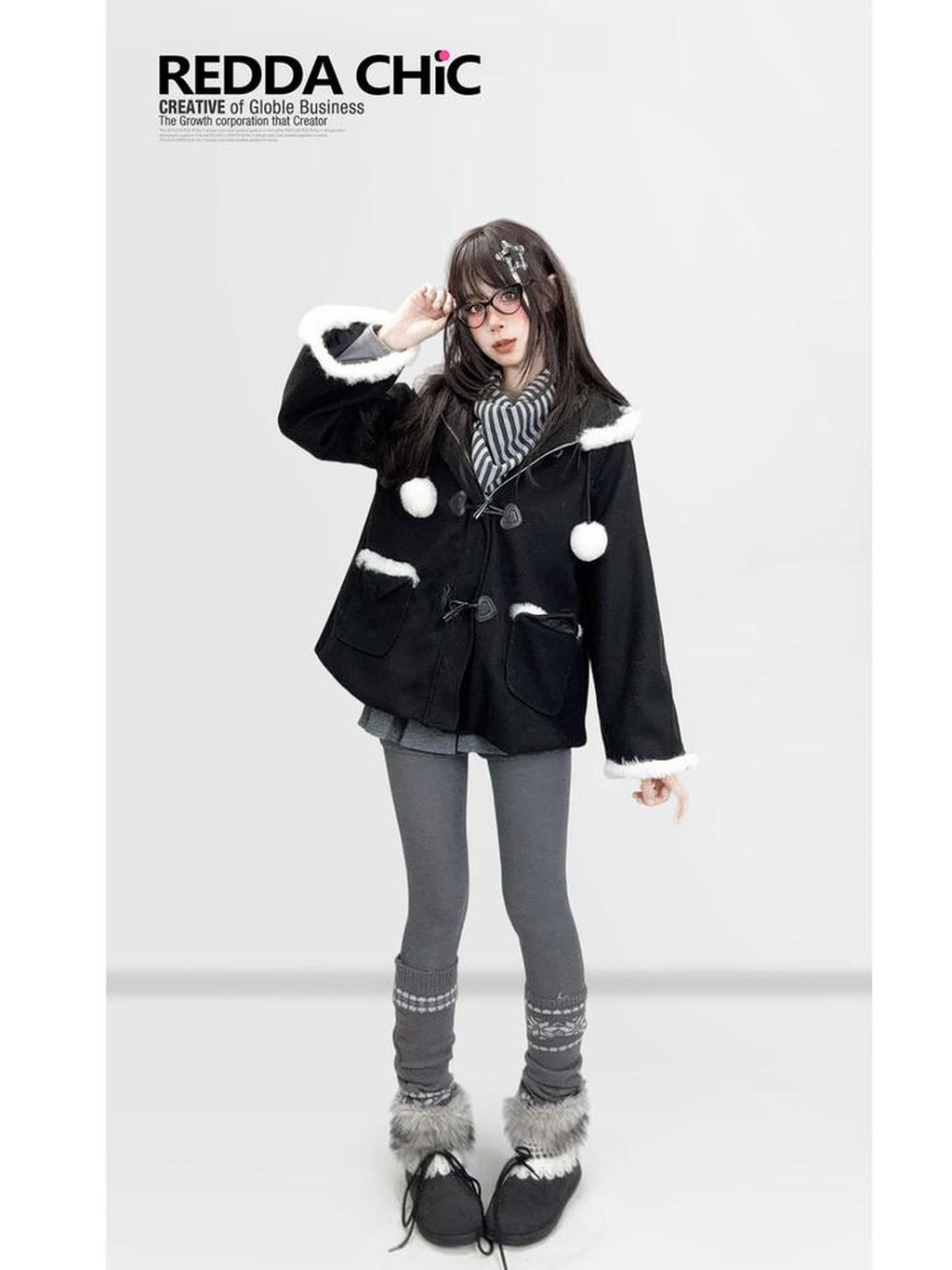 REDDACHIC Black Kawaii Lolita Hooded Faux Fur Patchwork Cape Loose Women'S Hoodies