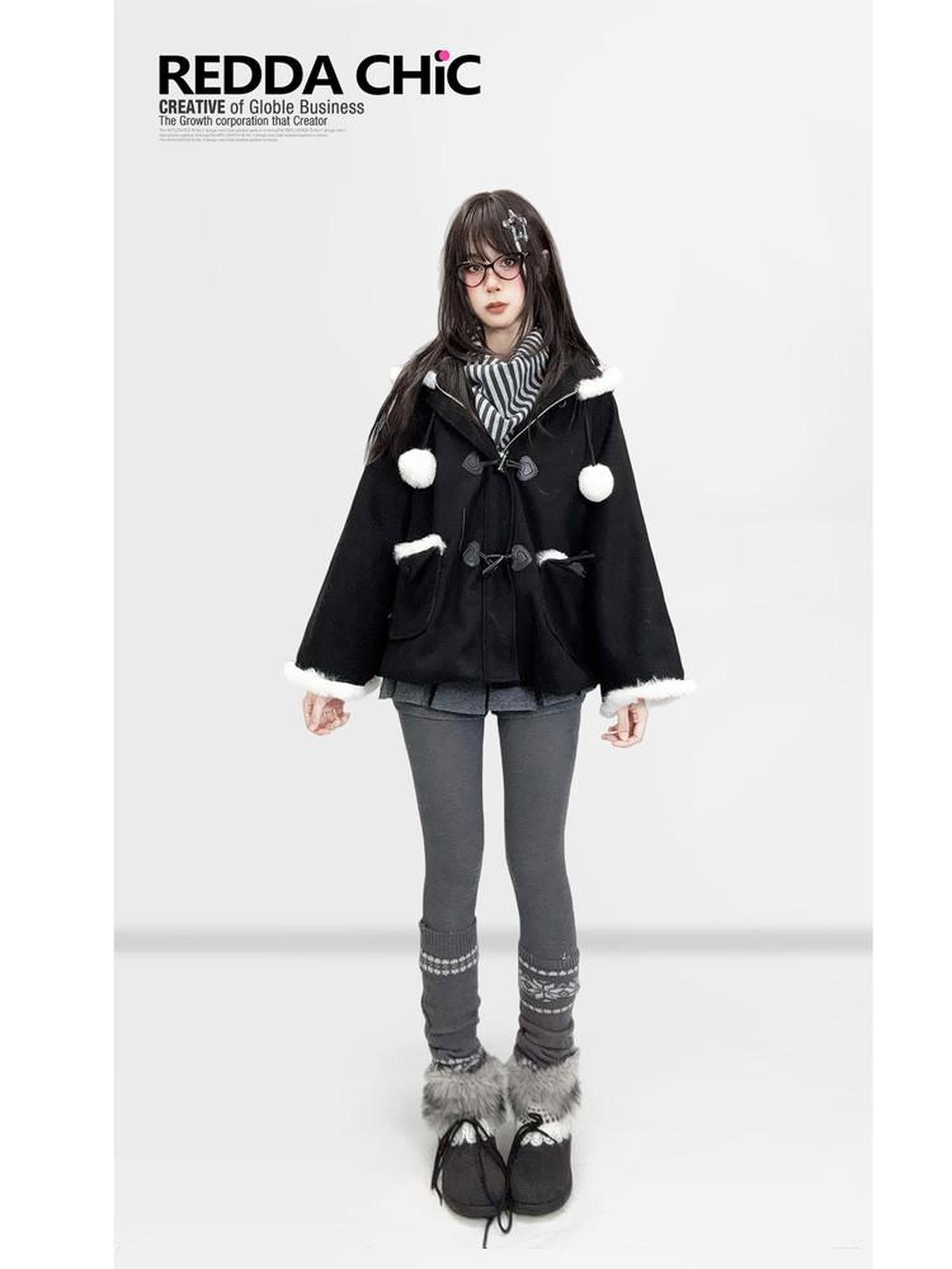 REDDACHIC Black Kawaii Lolita Hooded Faux Fur Patchwork Cape Loose Women'S Hoodies