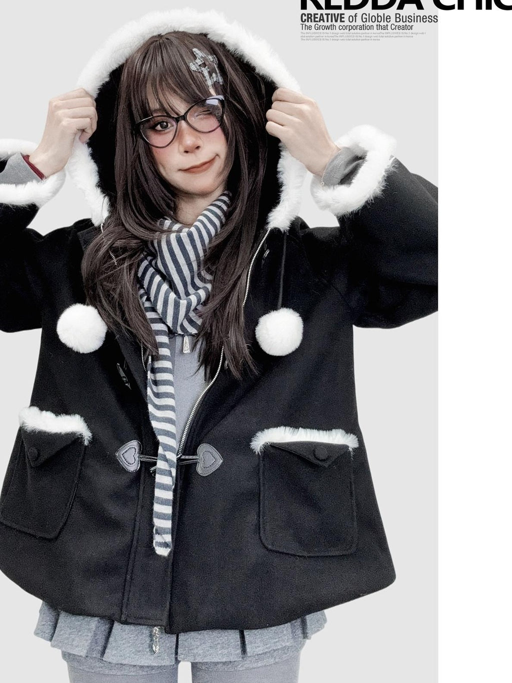 REDDACHIC Black Kawaii Lolita Hooded Faux Fur Patchwork Cape Loose Women'S Hoodies