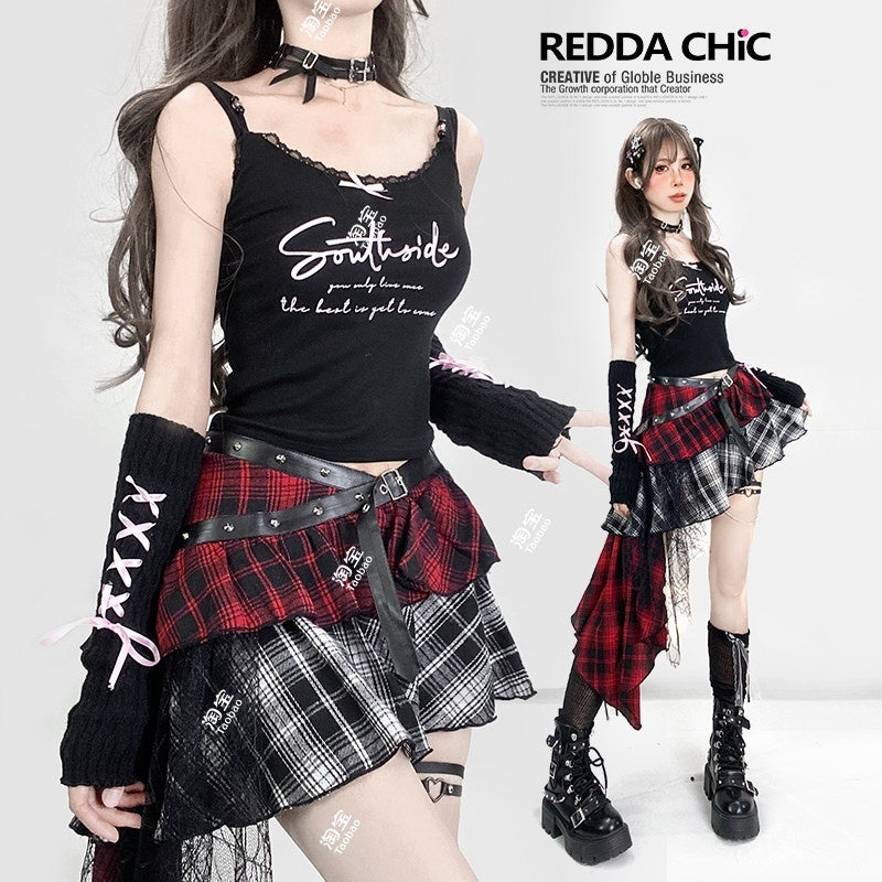 REDDACHIC_Black_Lace_Letter_Print_Short_Slim_Sleeve_Set_Women'S_Camisoles_MISSTT