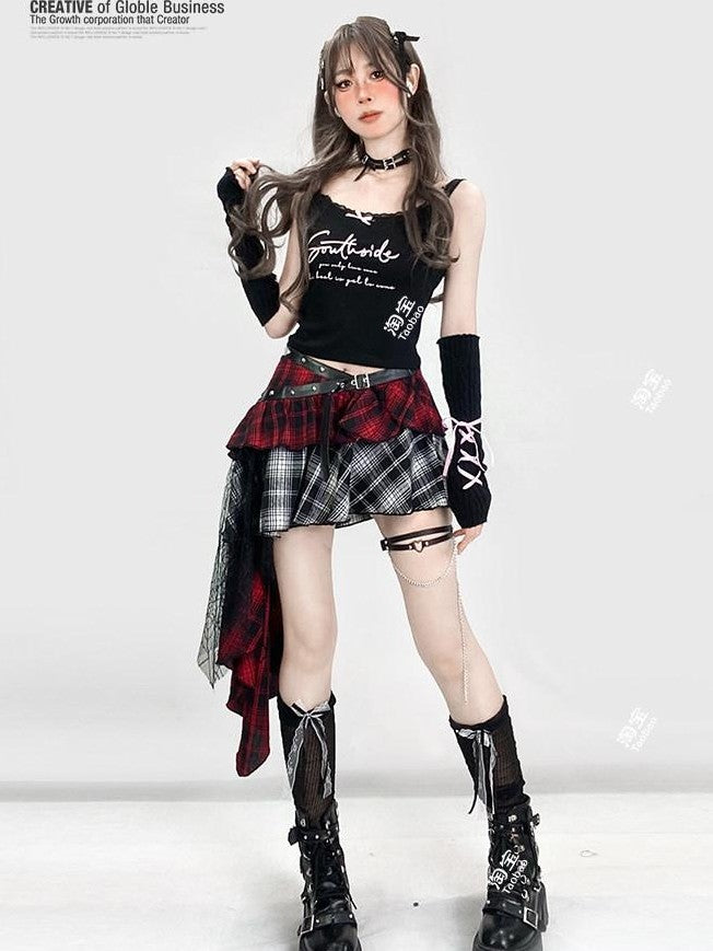 REDDACHIC Black Lace Letter Print Short Slim Sleeve Set Women'S Camisoles