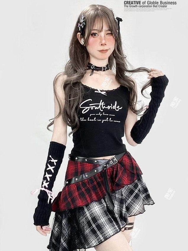 REDDACHIC Black Lace Letter Print Short Slim Sleeve Set Women'S Camisoles