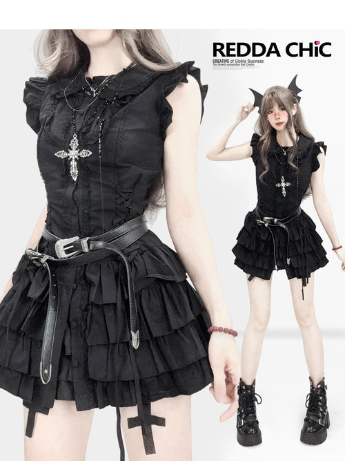 REDDACHIC Black Layered Cake Skirt Embellished Slim Fit Petite Women'S Mini Dresses