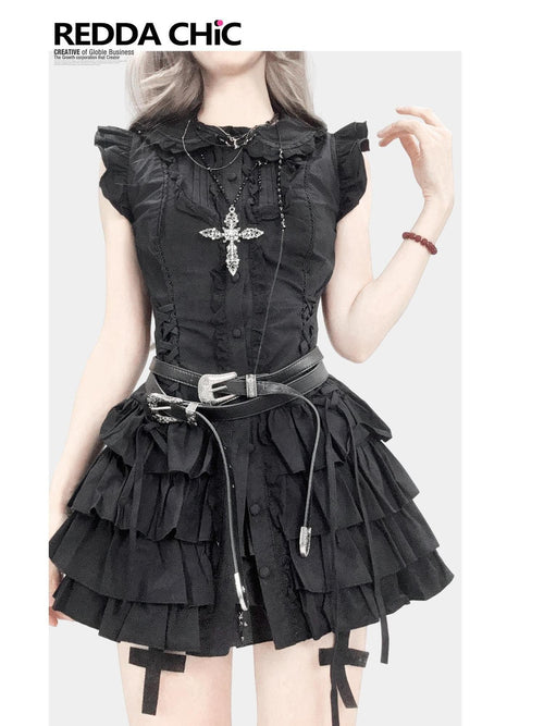 REDDACHIC Black Layered Cake Skirt Embellished Slim Fit Petite Women'S Mini Dresses
