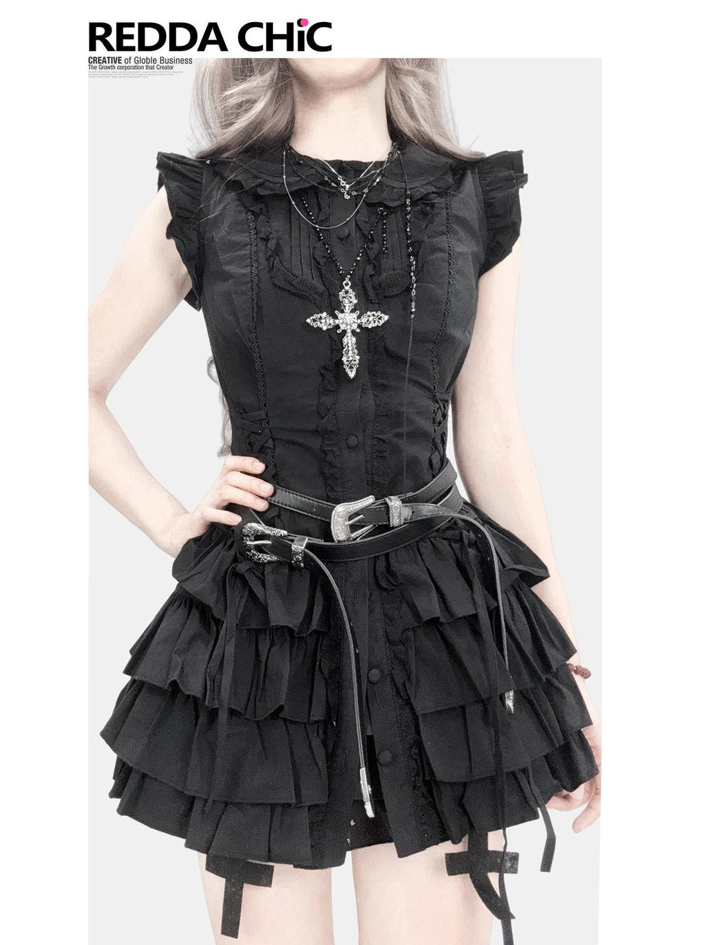REDDACHIC Black Layered Cake Skirt Embellished Slim Fit Petite Women'S Mini Dresses