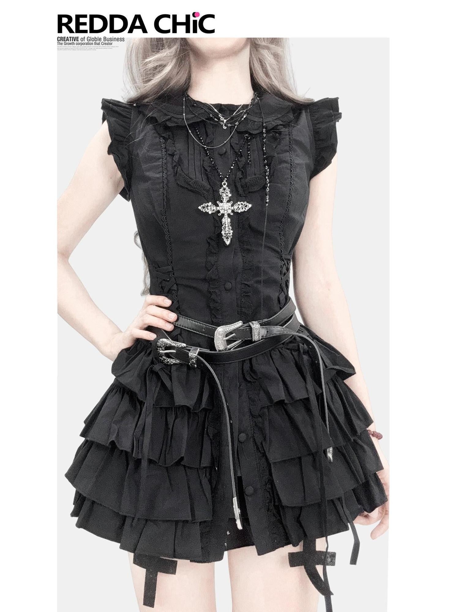 REDDACHIC Black Layered Cake Skirt Embellished Slim Fit Petite Women'S Mini Dresses