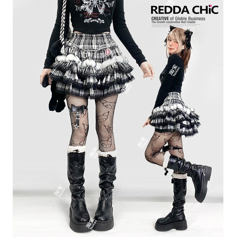 REDDACHIC_Black_Plaid_Lace_Pleated_Cake_Women'S_Faux_Fur_High_Waist_Mini_Skirts_MISSTT