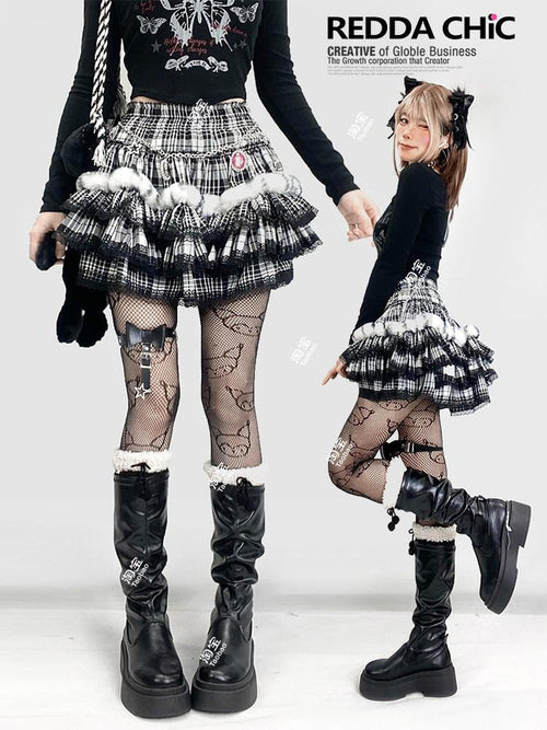 REDDACHIC Black Plaid Lace Pleated Cake Women'S Faux Fur High Waist Mini Skirts
