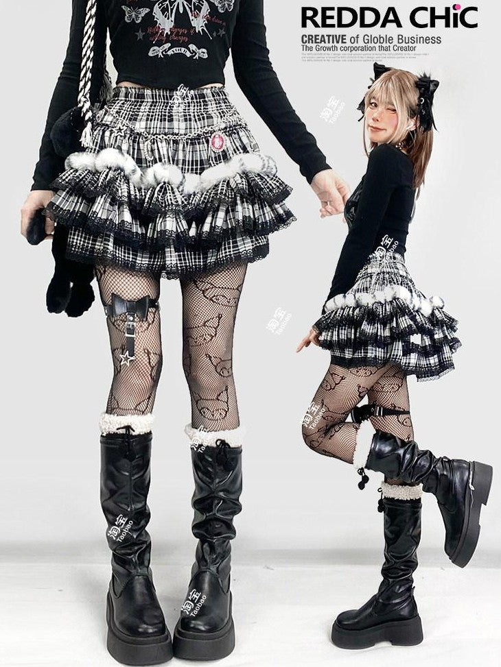 REDDACHIC Black Plaid Lace Pleated Cake Women'S Faux Fur High Waist Mini Skirts