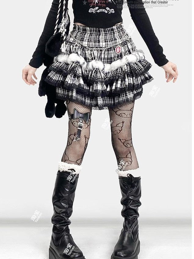 REDDACHIC Black Plaid Lace Pleated Cake Women'S Faux Fur High Waist Mini Skirts