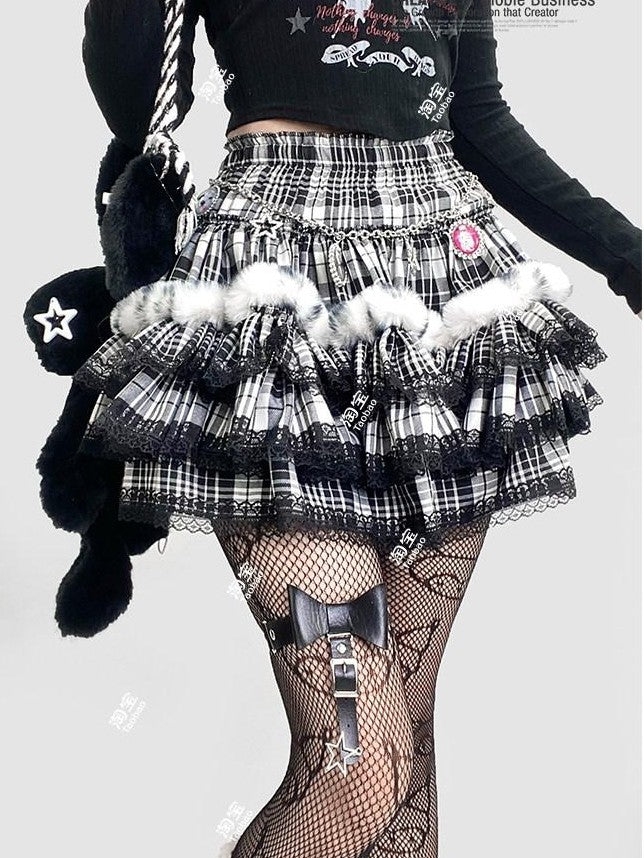 REDDACHIC Black Plaid Lace Pleated Cake Women'S Faux Fur High Waist Mini Skirts