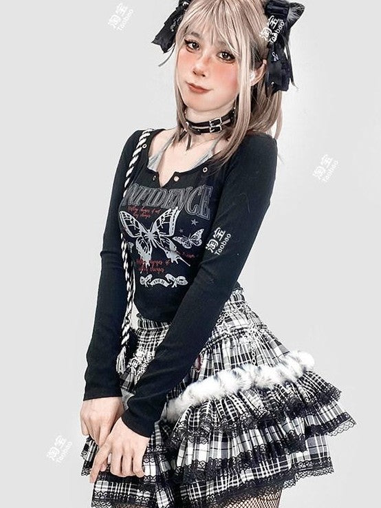 REDDACHIC Black Plaid Lace Pleated Cake Women'S Faux Fur High Waist Mini Skirts