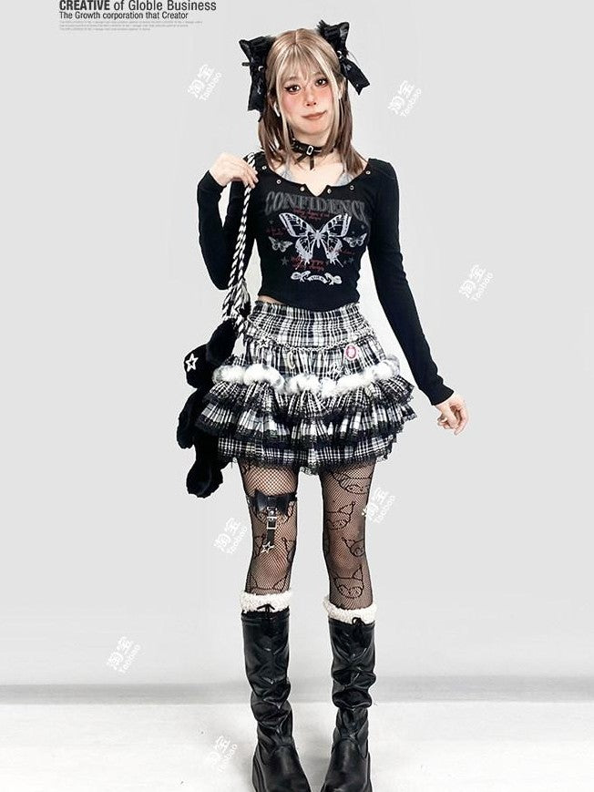 REDDACHIC Black Plaid Lace Pleated Cake Women'S Faux Fur High Waist Mini Skirts