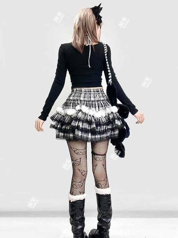 REDDACHIC Black Plaid Lace Pleated Cake Women'S Faux Fur High Waist Mini Skirts