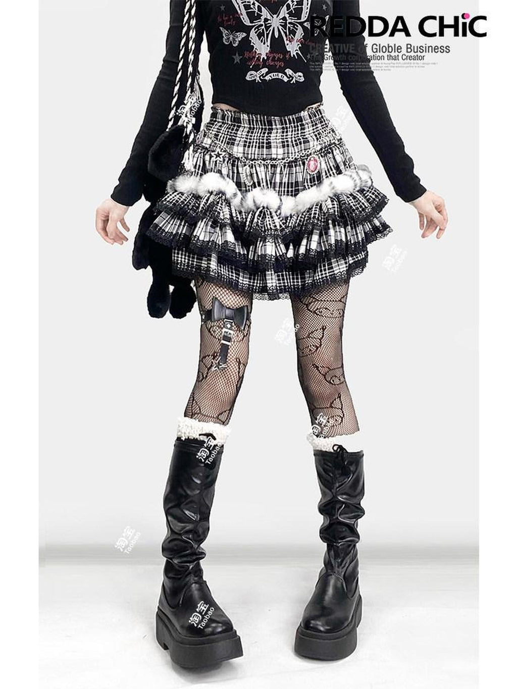 REDDACHIC Black Plaid Lace Pleated Cake Women'S Faux Fur High Waist Mini Skirts